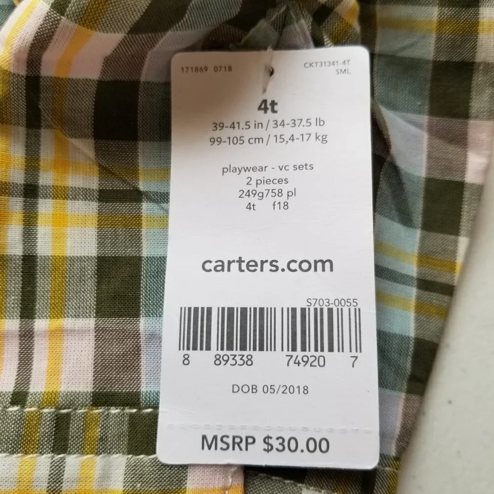 Carter's 4T Button up Shirt Long Sleeve Yellow Green plaid Easter Spring‎ pastel